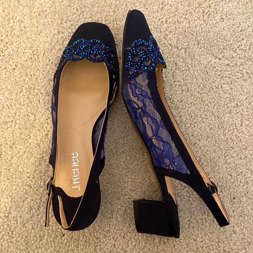 J Reneé Navy Satin and Lace Sling-backs (Faleec-Sanvy Style) 1” Heel Size 7.5 M